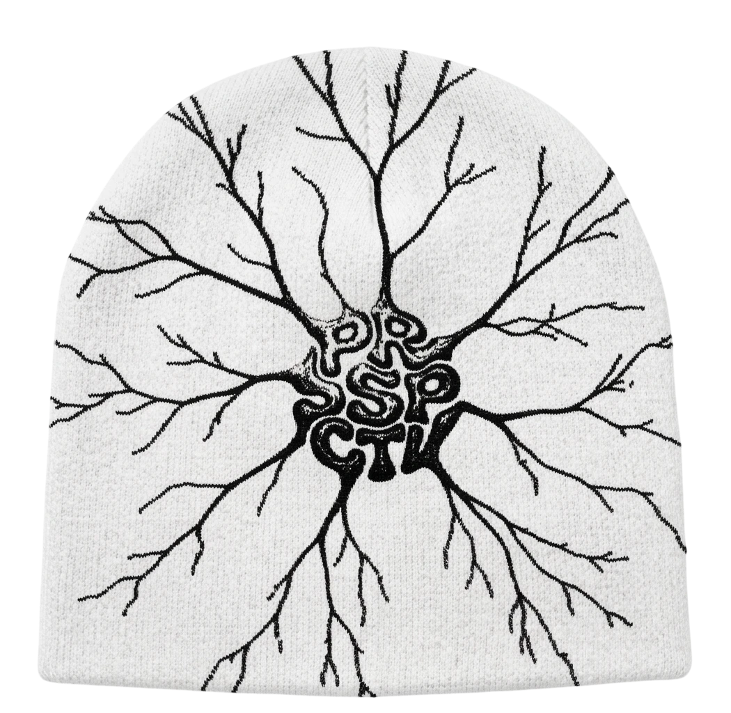 Bonnet blanc en maille jacquard : un neurone noir dont les branches couvrent tout le bonnet, avec les lettres PRSPCTV tassées en son noyau