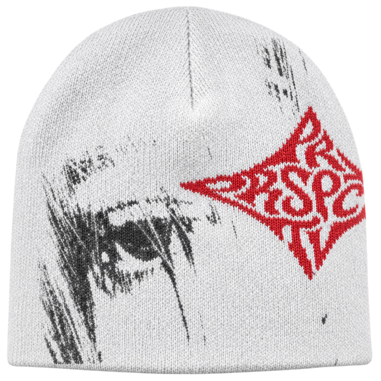 Bonnet blanc en maille jacquard : un œil et des mèches de cheveux tricotés en noir et gris, le monogramme PRSPCTV tricoté en rouge